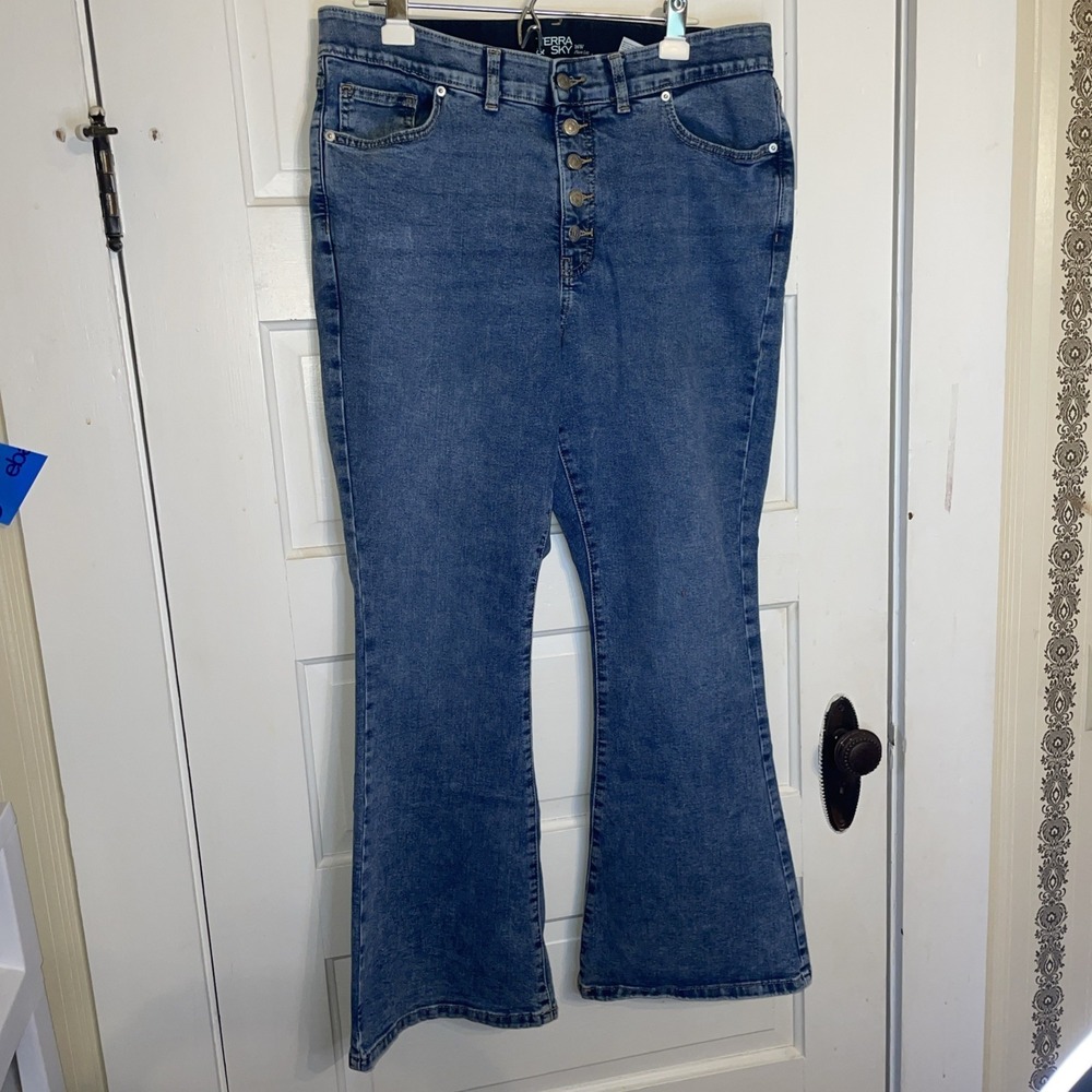 16W Button Fly Wide Ankle Jeans | Terra & Sky Flare Leg
